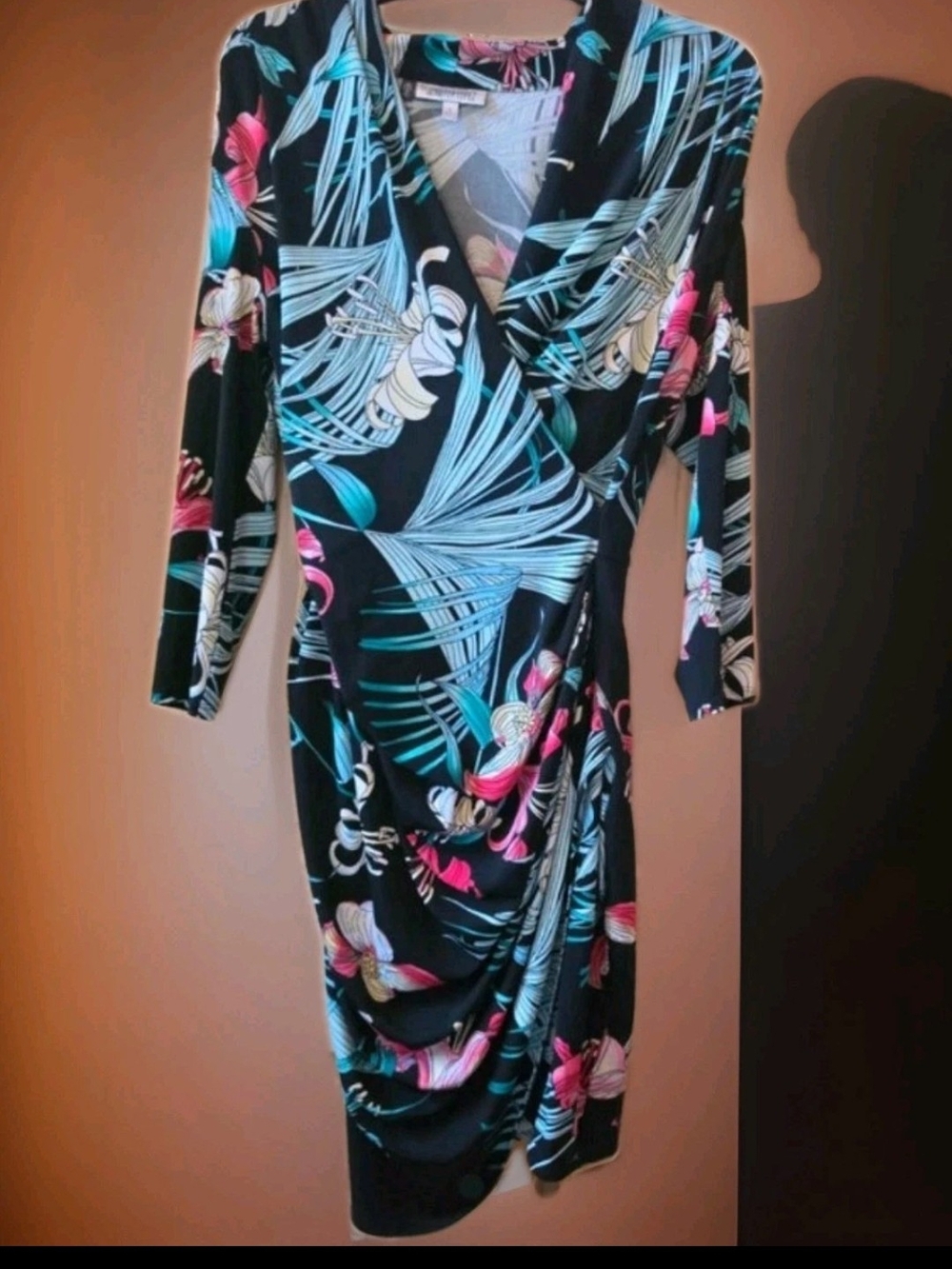 Jennifer Lopez Black Midi Wrap Dress with Turquoise and Pink Floral Print, Lined